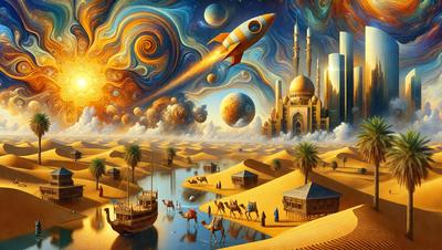 The primary subject of the image is a rocket ship flying through the sky. The setting is a desert landscape with a body of water, and the visual style is a painting. The colors and mood of the image are warm and vibrant, with a sense of adventure and exploration.